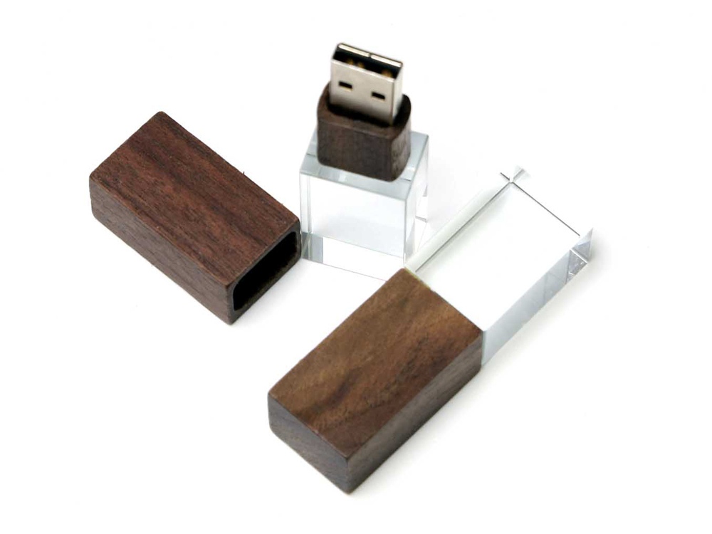 USB-флешка на 32 Гб прямоугольной формы, под гравировку 3D логотипа, материал стекло, с деревянным колпачком красного цвета, зеленый