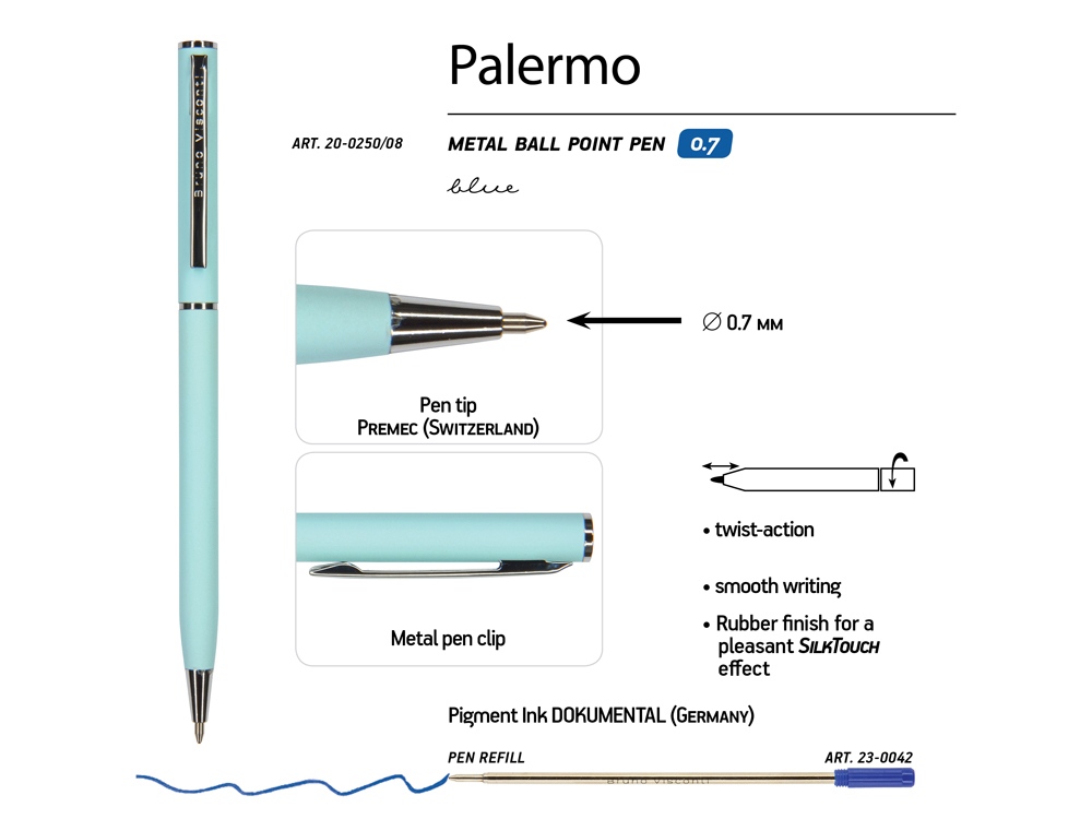 Ручка шариковая автоматическая BrunoVisconti® PALERMO цвет корпуса голубой, soft-touch, 0.7 мм