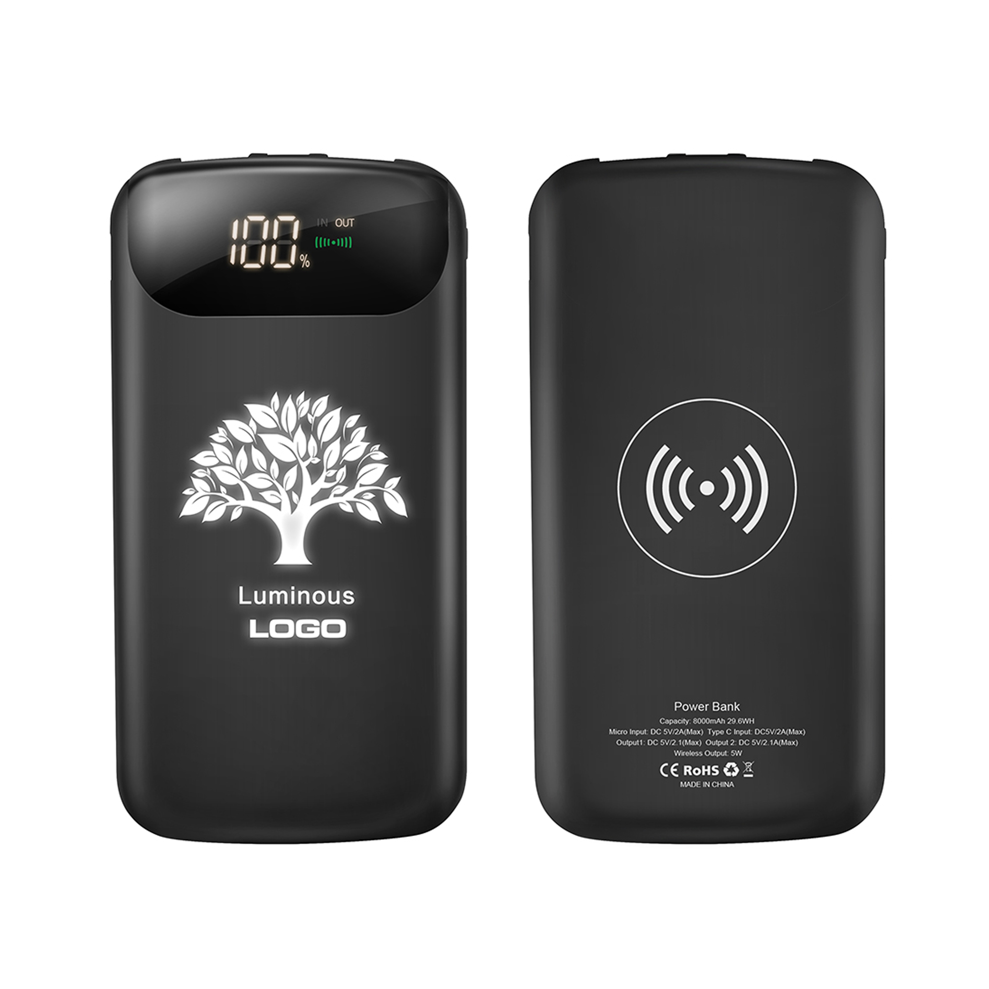 Беспроводное зарядное устройство "Shine SOFTTOUCH", 8000 mAh с подсветкой логотипа и цифровым индикатором заряда фото на сайте Print Logo.