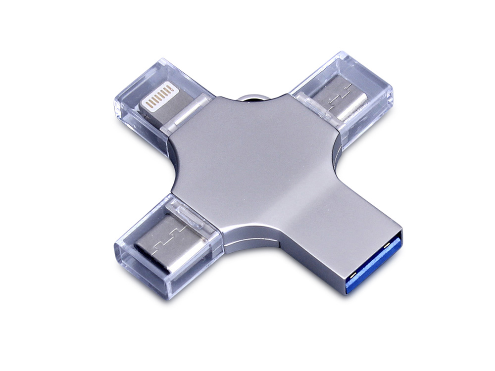 USB 3.0-флешка на 64 Гб 4-в-1 с разъемами Micro USB, Type-C и Lightning с логотипом  | Print Logo