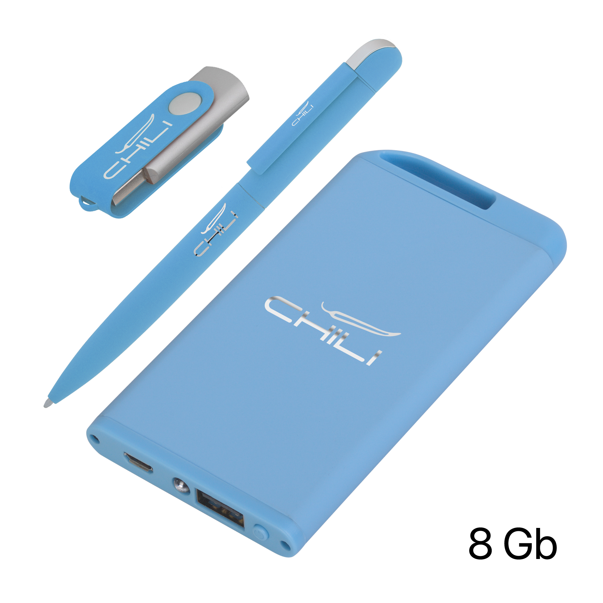 Набор ручка + флеш-карта 8Гб + зарядное устройство 4000 mAh в футляре, soft touch, голубой
