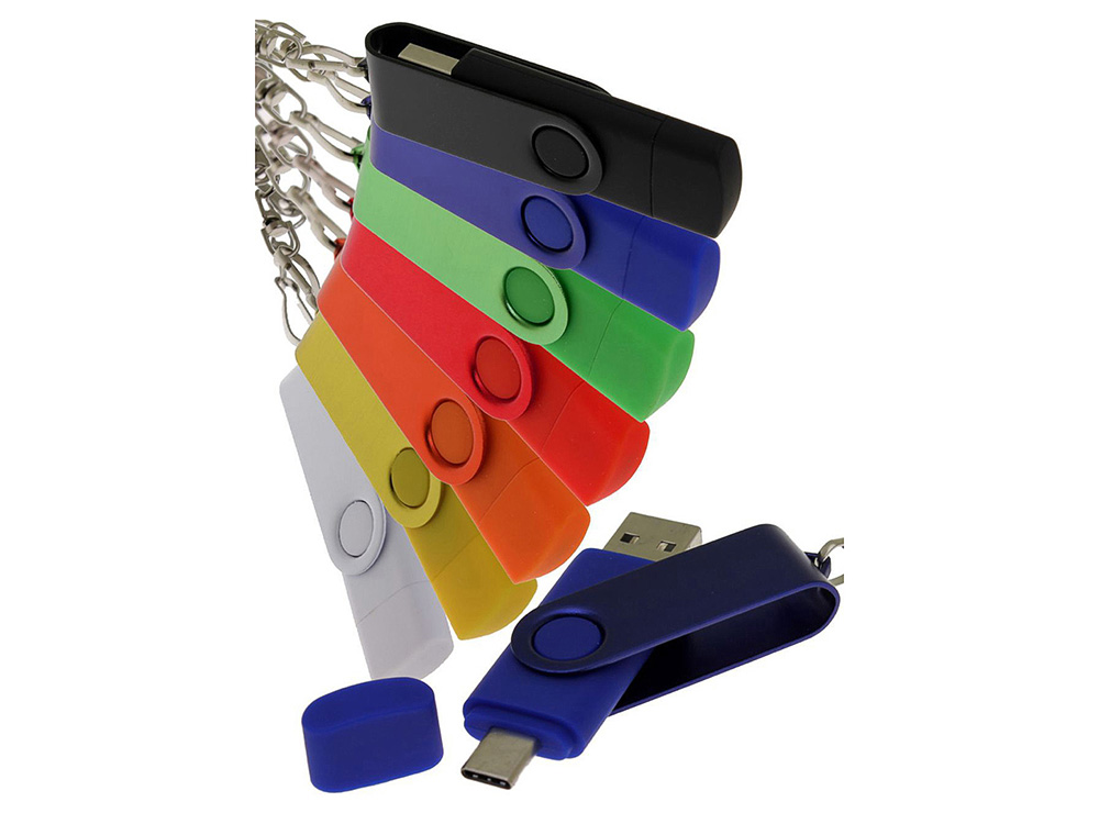 USB-флешка на 32 Гб 2 в 1 поворотный механизм, c дополнительным разъемом Type-C с одноцветным металлическим клипом, желтый