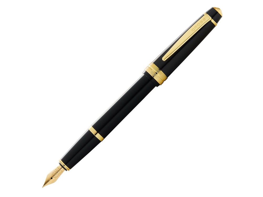 Ручка перьевая Bailey Ligh Polished Black Resin and Gold Tone, перо F с логотипом Cross | Print Logo
