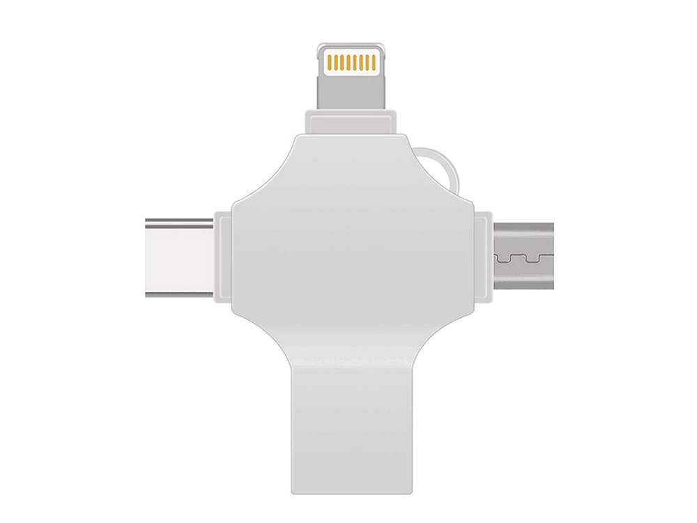 USB-флешка на 64 Гб 4 в 1 поворотный механизм, c дополнительными разъемами MicroUSB, TypeC и Lightning, серебристый
