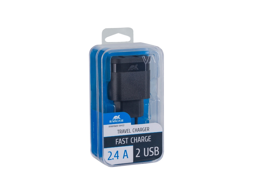 Сетевое зарядное устройство, 2 USB/2.4 A с логотипом RIVACASE | Print Logo