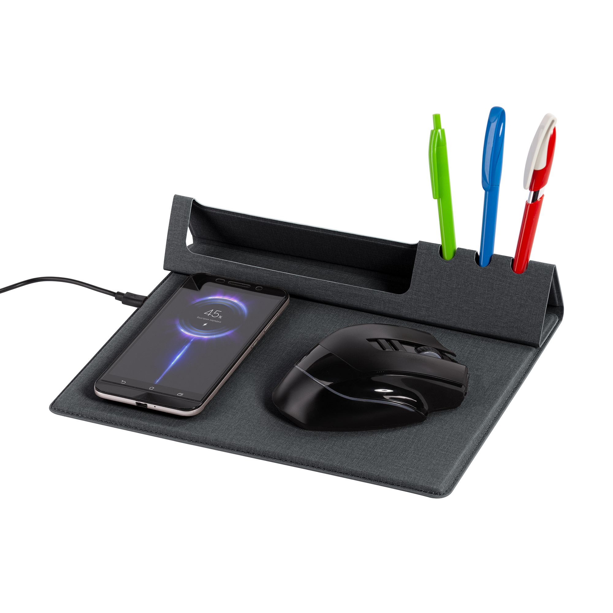 Настольная складная подставка "Cool Desk" с беспроводным (10W) зарядным устройством и ковриком для мыши фото на сайте Print Logo.