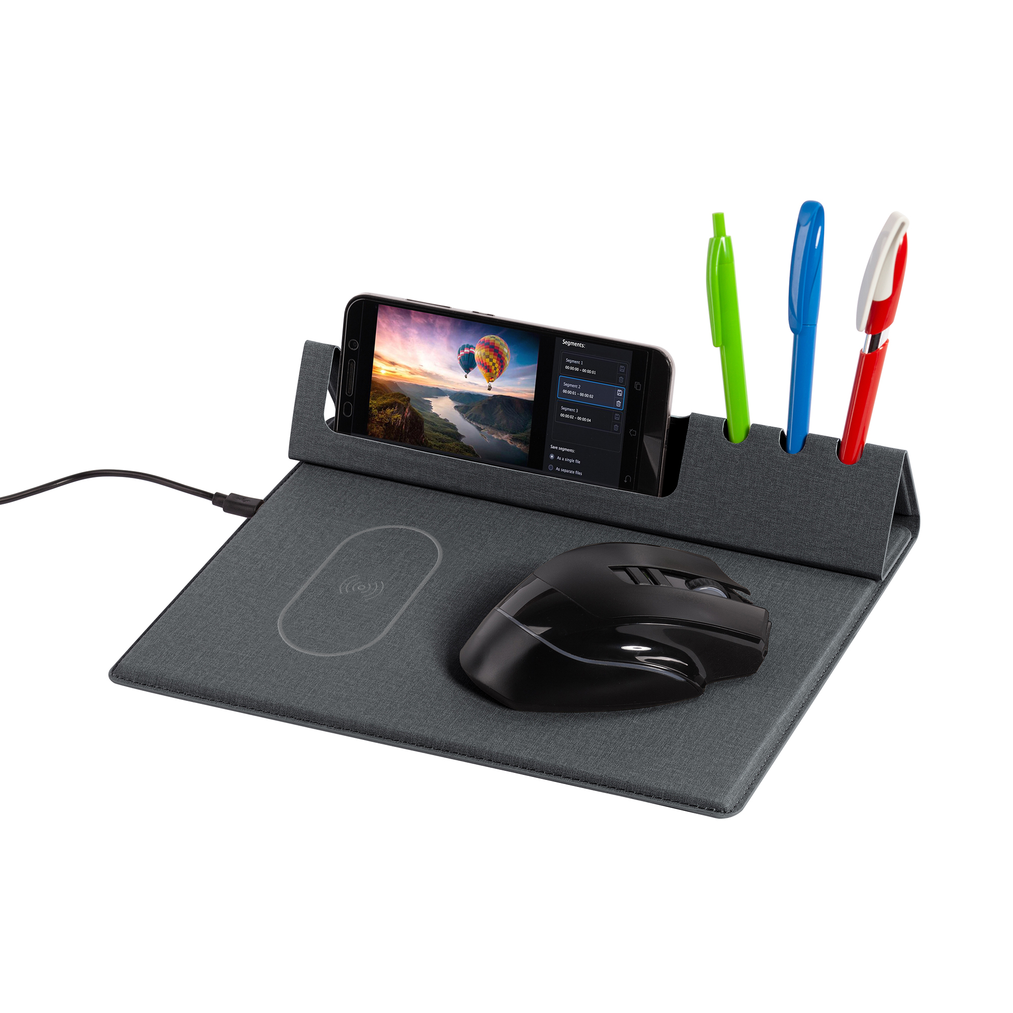 Настольная складная подставка "Cool Desk" с беспроводным (10W) зарядным устройством и ковриком для мыши фото на сайте Print Logo.