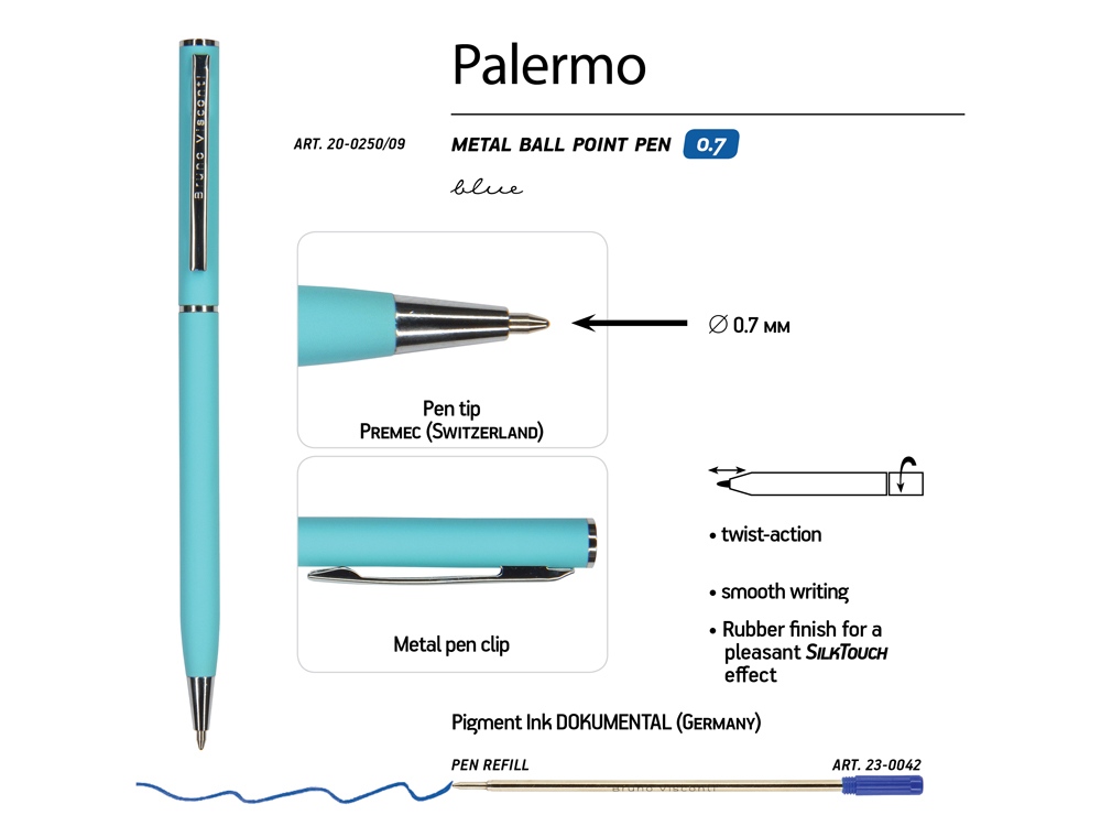 Ручка шариковая автоматическая BrunoVisconti® PALERMO цвет корпуса бирюзовый, soft-touch, 0.7 мм