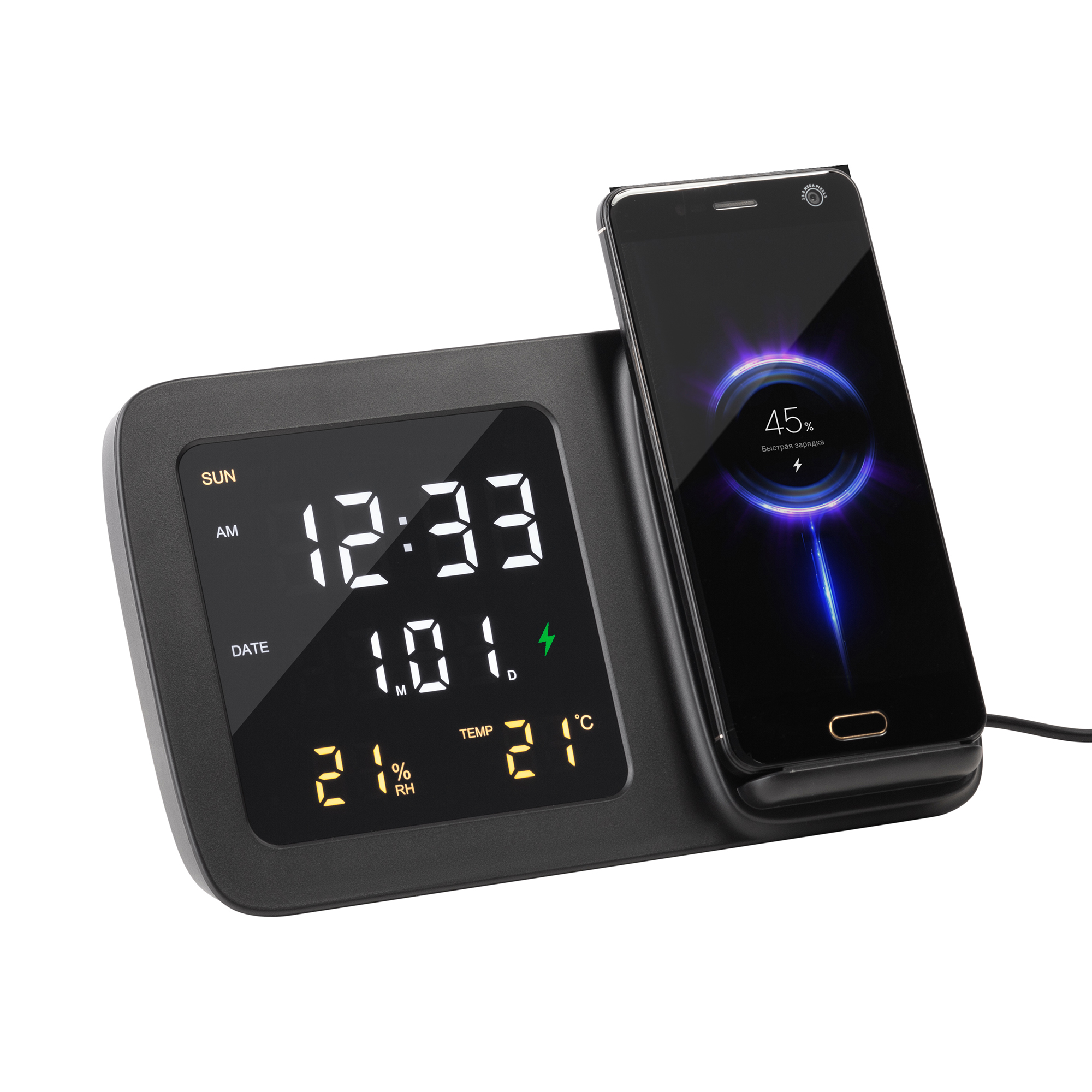 Настольные часы "Smart Screen" с беспроводным (15W) зарядным устройством, гигрометром, термометром, календарём, с подсветкой логотипа, черный