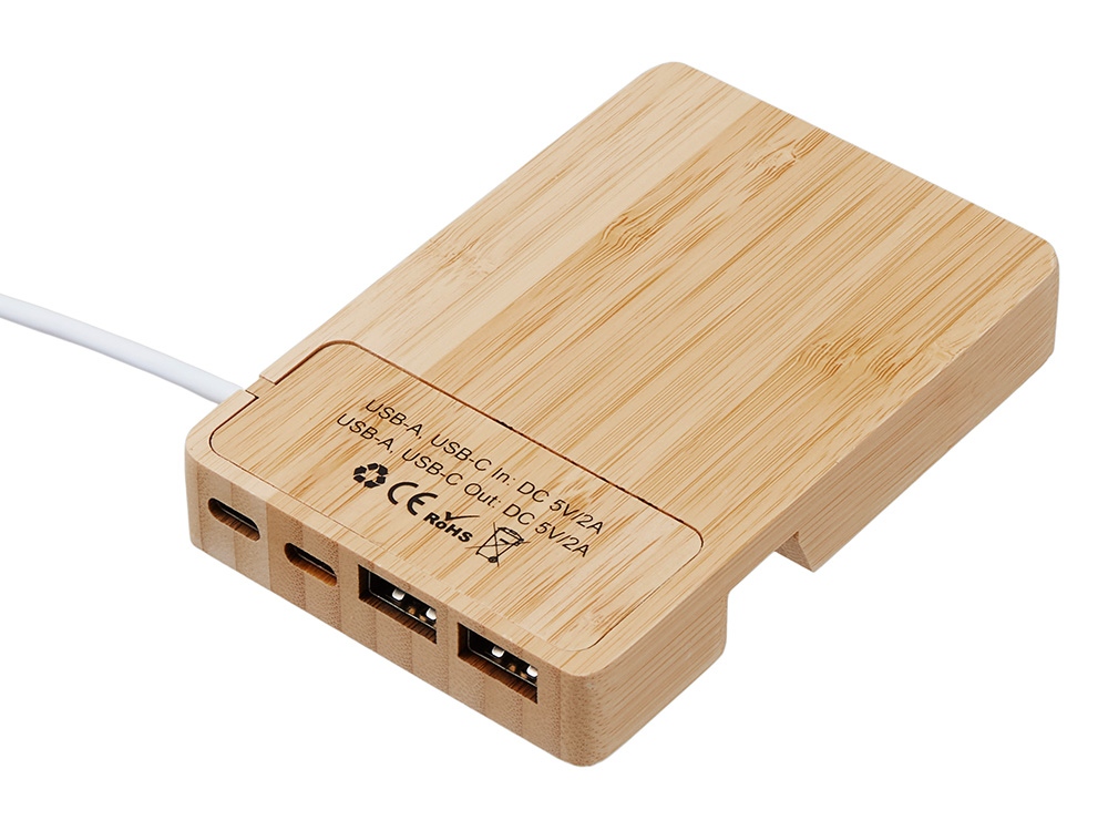 USB хаб Memo, 2*USB, 2*Type C, бамбук