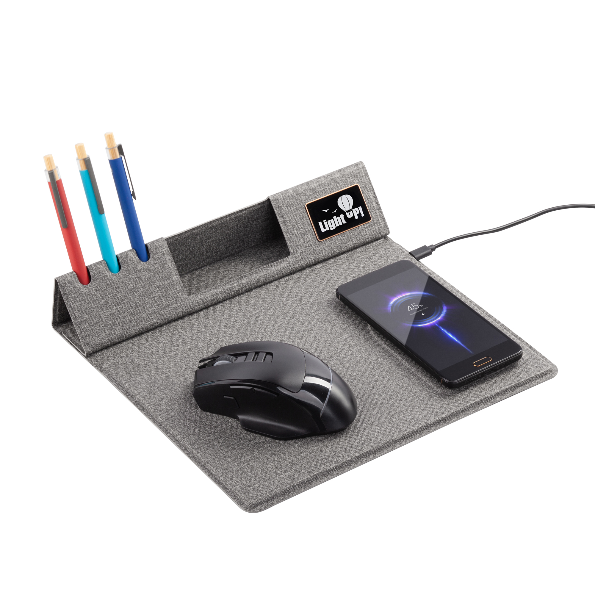 Настольная складная подставка "Cool Mat" с беспроводным (15W) ЗУ, сенсорной подсветкой логотипа, функцией MagSafe и ковриком для мыши фото на сайте Print Logo.