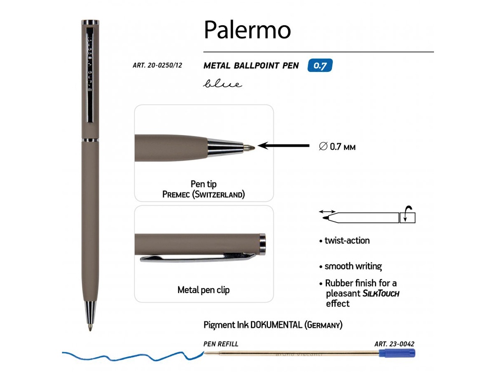 Ручка шариковая автоматическая BrunoVisconti® PALERMO цвет корпуса серый, soft-touch, 0.7 мм