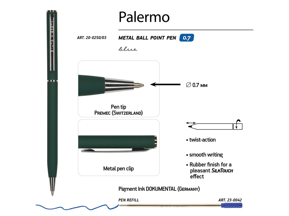 Ручка шариковая автоматическая BrunoVisconti® PALERMO цвет корпуса зеленый, soft-touch, 0.7 мм
