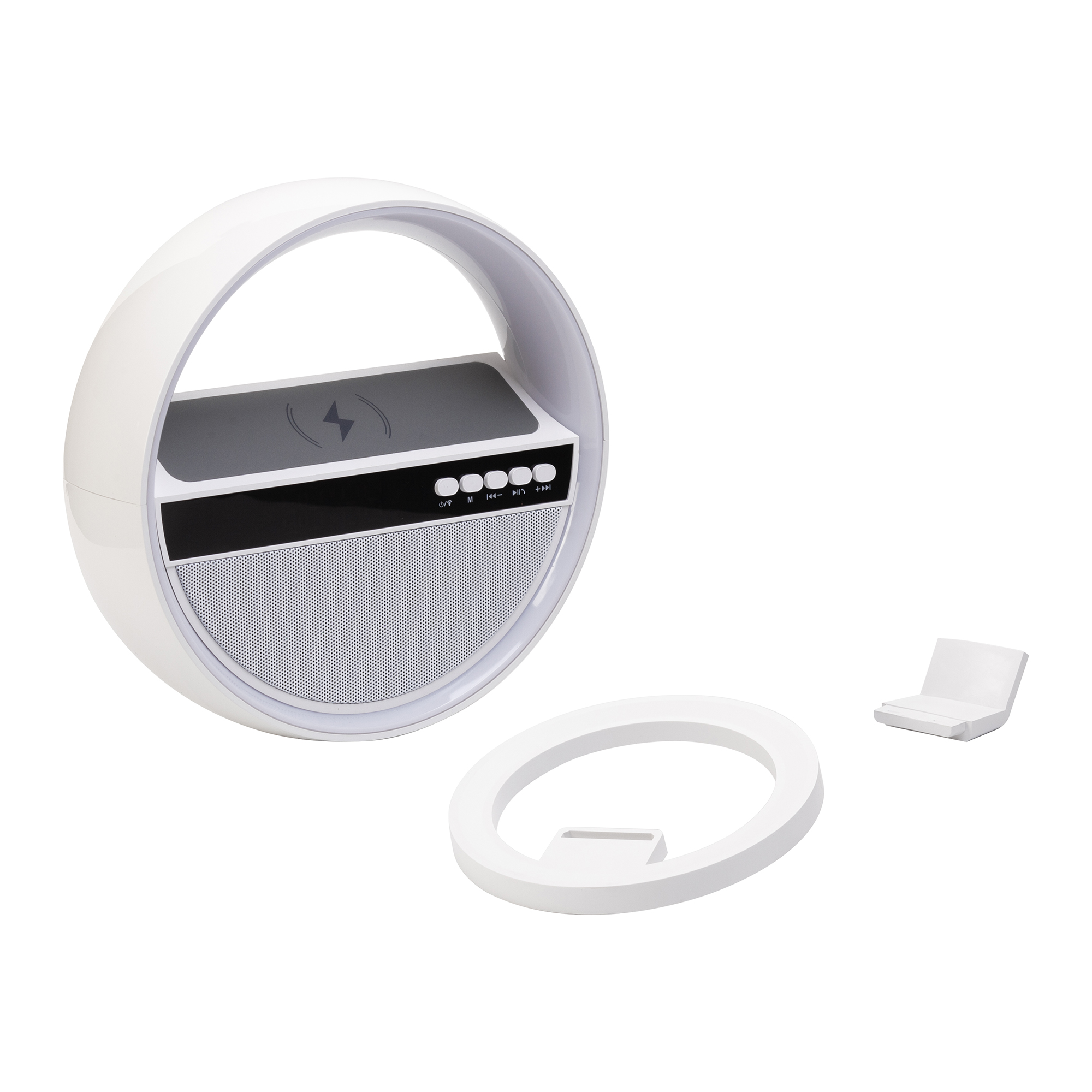 Bluetooth колонка "Smart Orb" 5Вт с беспроводным (15W) ЗУ, лампой, часами, FM радио, белый