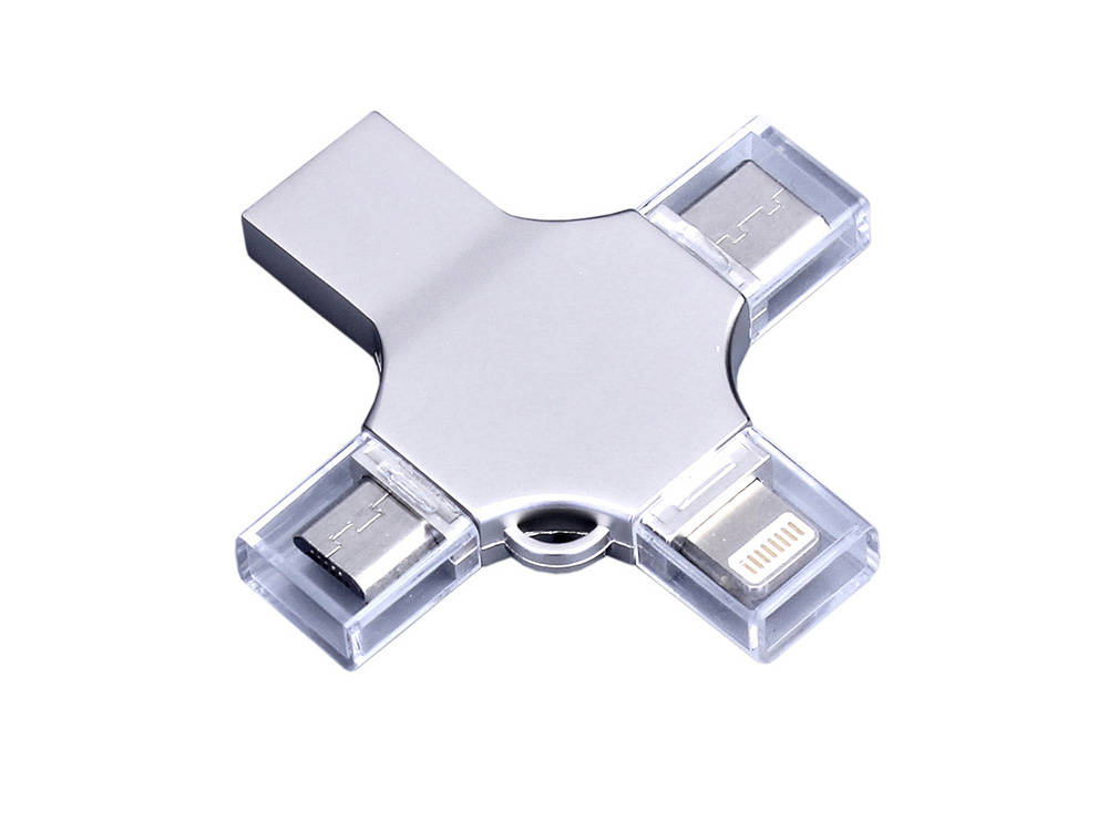 USB-флешка на 64 Гб 4 в 1 поворотный механизм, c дополнительными разъемами MicroUSB, TypeC и Lightning, серебристый