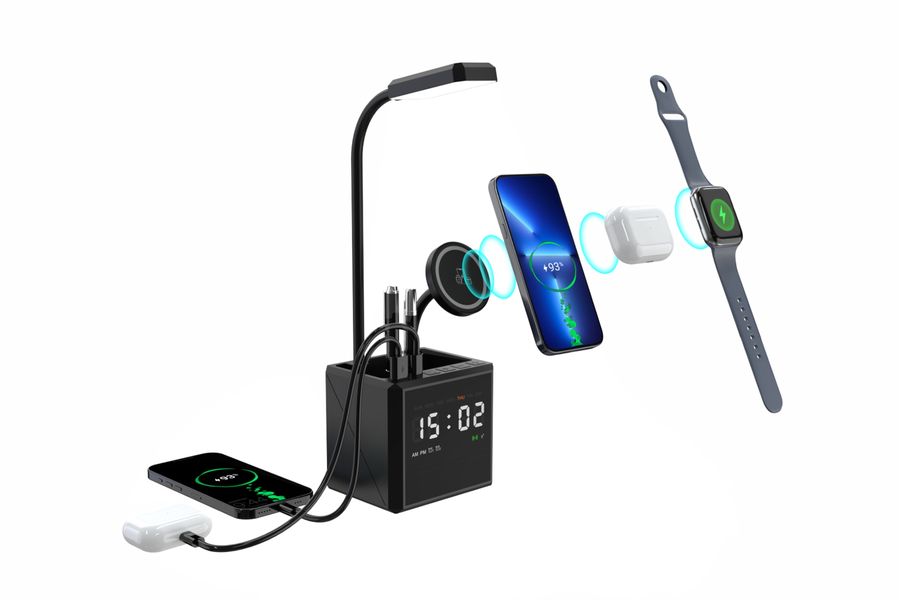 Лампа "Smart Flex" с беспроводным 3в1 (15W) ЗУ с MagSafe, часами, карандашницей и подсветкой логотипа, черный