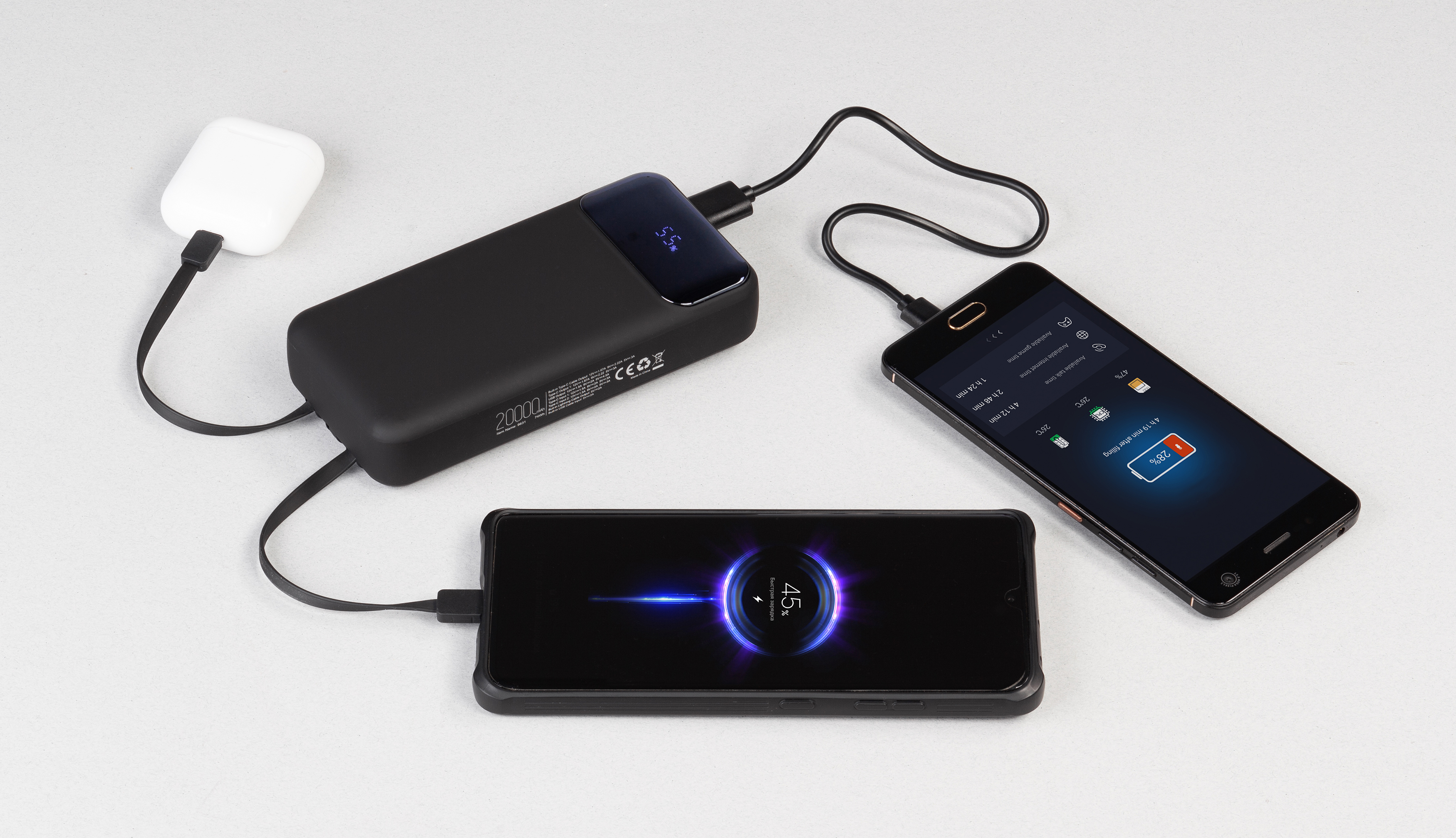 Зарядное (22.5W) устройство "Top Grade SOFTTOUCH" 20000 mAh с подсветкой логотипа, встроенными кабелями и цифровым индикатором заряда, черный