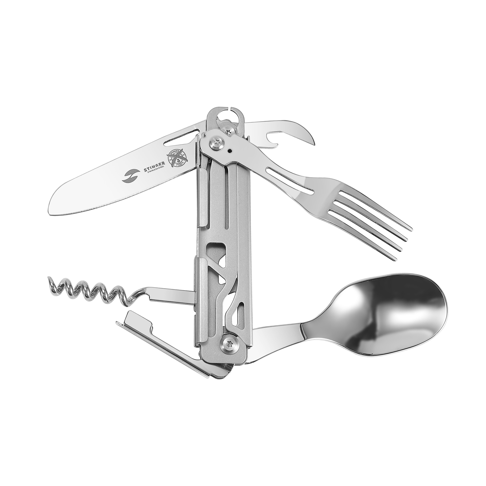 Нож перочинный Stinger, 110 мм, 6 функций, материал рукояти нержавеющая сталь (серебристый), в картонной коробке