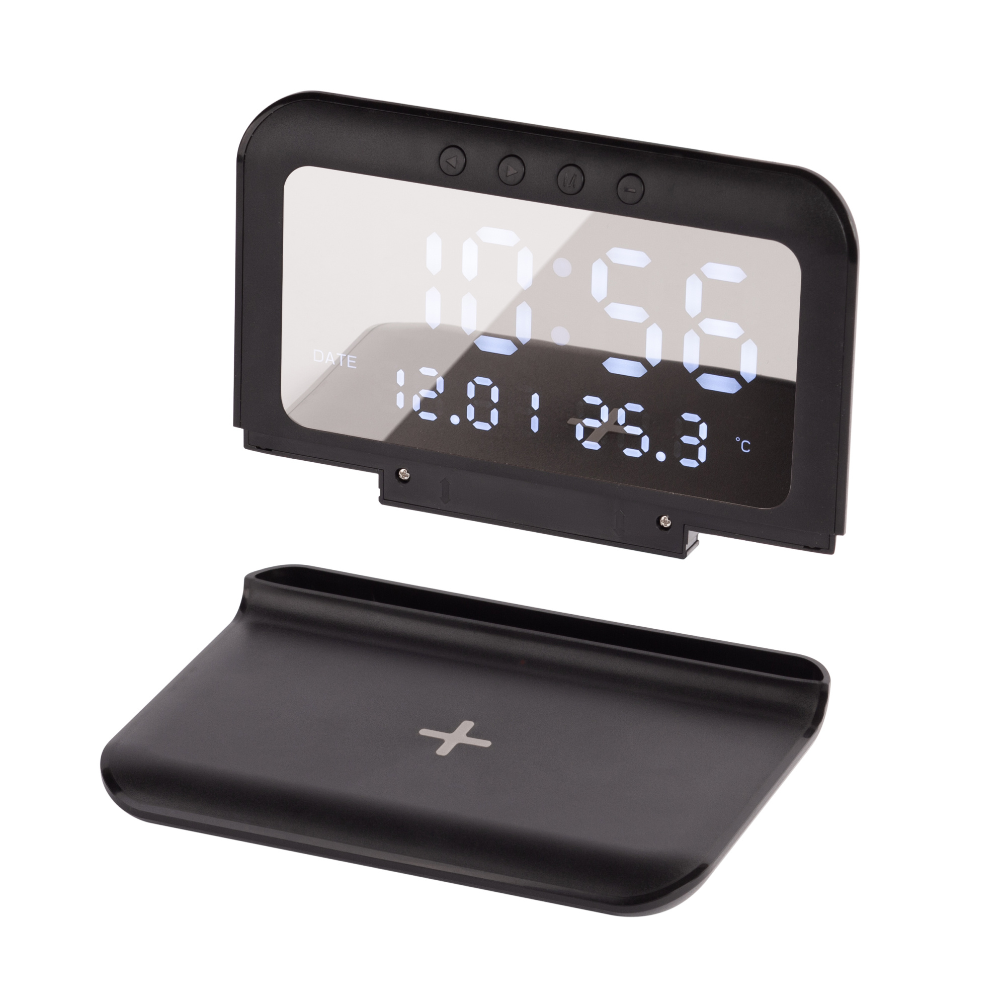 Настольные часы "Smart Time" с беспроводным (15W) зарядным устройством, будильником и термометром, со съёмным дисплеем фото на сайте Print Logo.