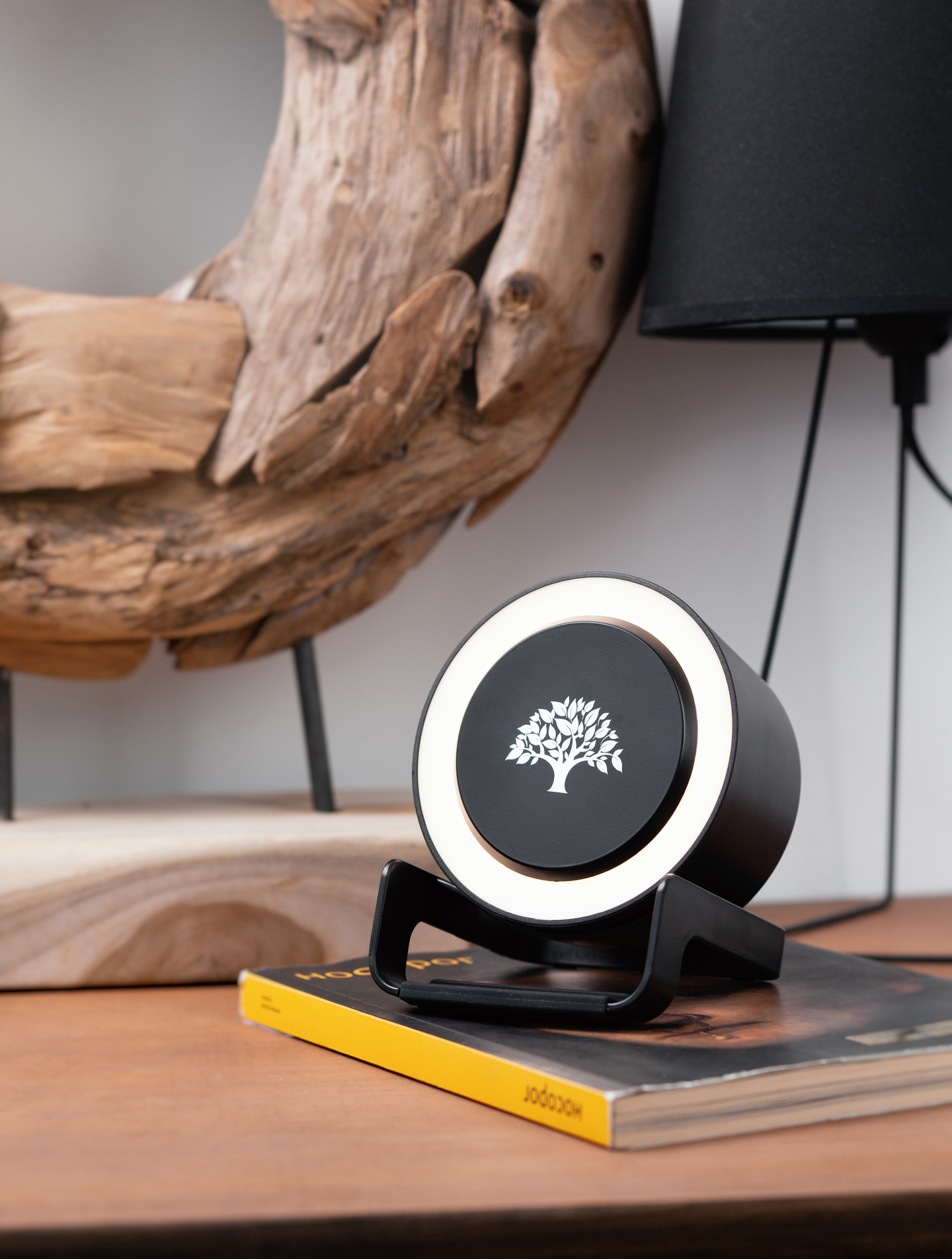 Bluetooth колонка-подставка "Smart Loud" с беспроводным (10W) зарядным устройством, лампой и подсветкой логотипа фото на сайте Print Logo.