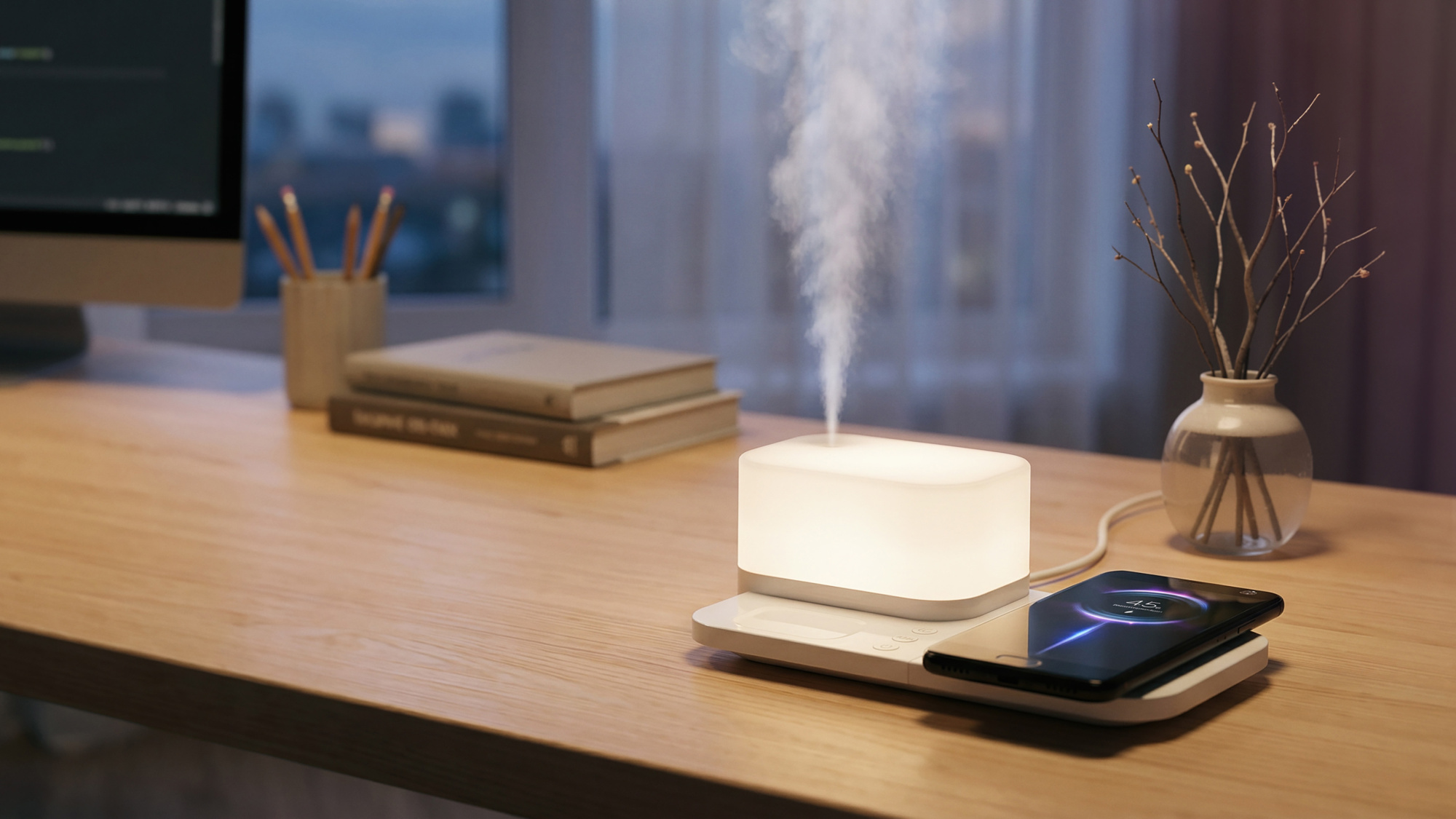 Настольная беспроводная (15W) зарядная станция  "Smart Base" с увлажнителем и лампой фото на сайте Print Logo.